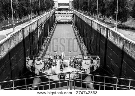 Cargo Ship Enters To The White Sea-baltic Canal Gateway, Karelia, Russia