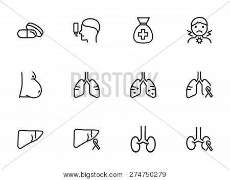 Organ Line Icon Set. Set Of Line Icons On White Background. Healthcare Concept. Stomach, Gemma, Live
