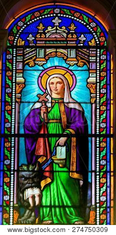 Antibes, France - November 16, 2018: Stained Glass In The Church Of Antibes, France, Depicting Saint