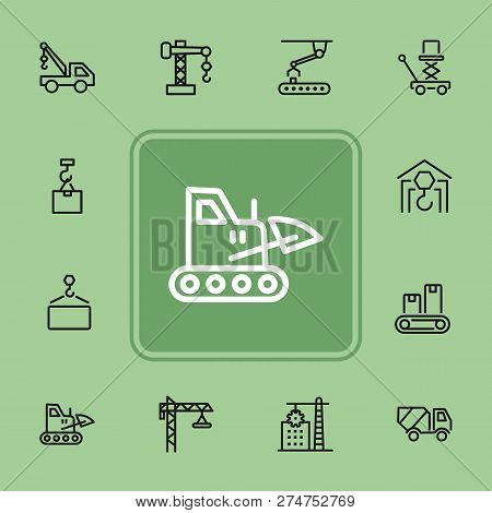 Industry Machines Line Icon Set. Concrete Mixer, Crane, Site. Machinery Concept. Can Be Used For Top