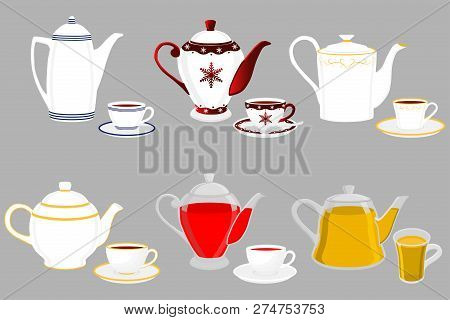 Illustration On Theme Big Colored Set Different Types Teapots, Different Size Kettles. Teapot Patter