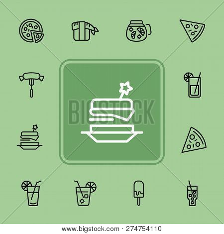 Snack Line Icons. Set Of Line Icons On White Background. Picnic Concept. Pizza, Cocktail, Sausage. C