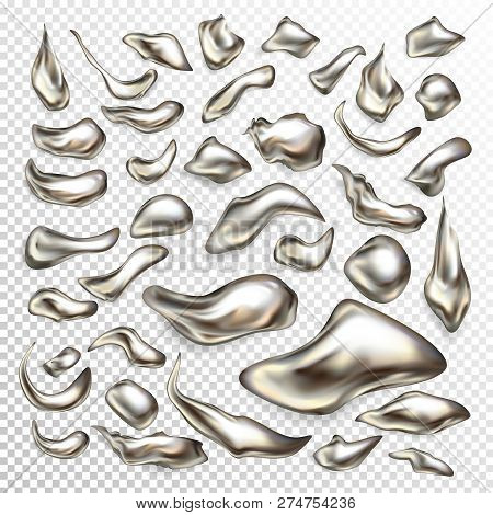 Molted Precious Metal Drops, Liquid Silver Blots, Mercury Swirls 3d Realistic Vector Set Isolated On