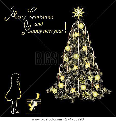 Festive Card By Christmas And New Year, Gold Tone, The Color Vector Image On A Black Background