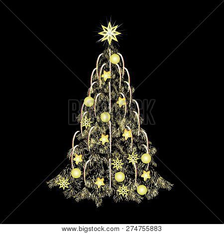 Festive Card By Christmas And New Year, Gold Tone, The Color Vector Image On A Black Background