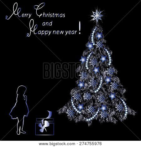 Festive Card By Christmas And New Year, Gold Tone, The Color Vector Image On A Black Background