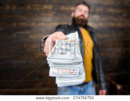 Guy Mafia Dealer With Cash Profit. Man Give Cash Money Bribe. Richness And Wellbeing. Mafia Business