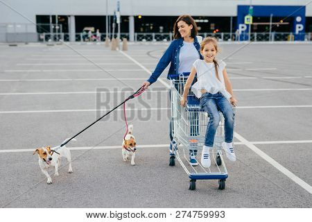Happy Mother, Daughter And Their Pets Return From Shopping Centre, Carry Cart, Pose Outdoor, Have De
