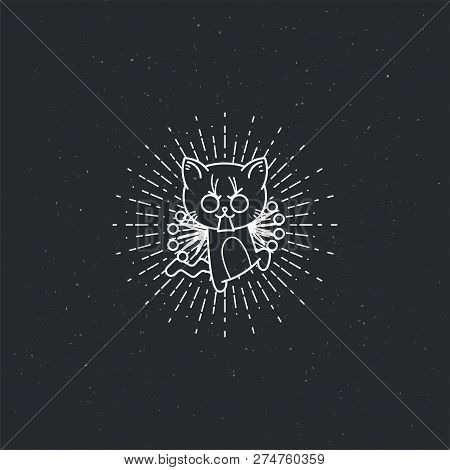 Vector Illustration Of A Bristling Cartoon Cat. Lined Jolt Kitten