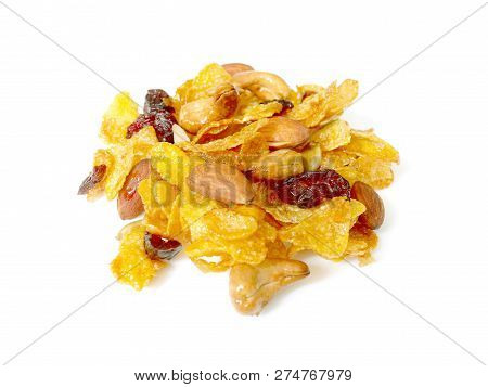 Crunchy Caramel Conflakes With Almonds, Cashew Nuts, Pumpkin Seeds And Dried Cranberries Isolated On
