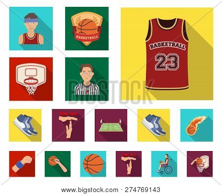 Basketball And Attributes Flat Icons In Set Collection For Design.basketball Player And Equipment Ve