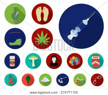 Drug Addiction And Attributes Flat Icons In Set Collection For Design. Addict And Drug Vector Symbol
