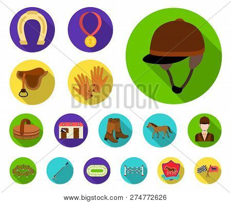 Hippodrome And Horse Flat Icons In Set Collection For Design. Horse Racing And Equipment Vector Symb