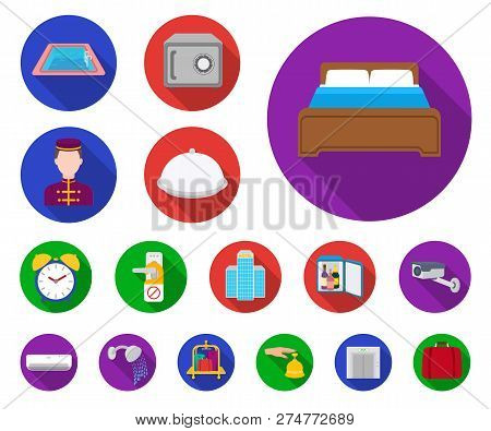 Hotel And Equipment Flat Icons In Set Collection For Design. Hotel And Comfort Vector Symbol Stock W