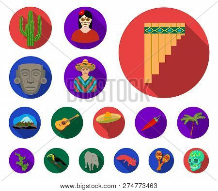 Country Mexico Flat Icons In Set Collection For Design. Mexico And Landmark Vector Symbol Stock Web 