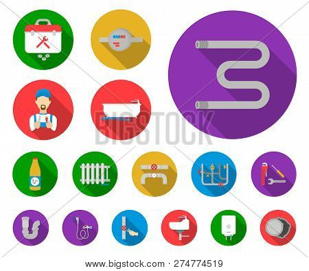 Plumbing, Fitting Flat Icons In Set Collection For Design. Equipment And Tools Vector Symbol Stock W