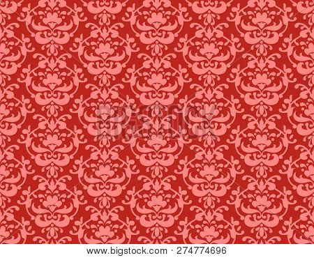 Red Coral Damask Pattern For Design Card, Banner, Ticket, Leaflet And So On. Wallpaper Reapiting Bac