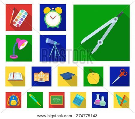 School And Education Flat Icons In Set Collection For Design.college, Equipment And Accessories Vect