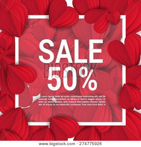 Sale With Valentine Hearts Abstract Composition With 3d Hearts And Bantings. Illustration. Love Lett