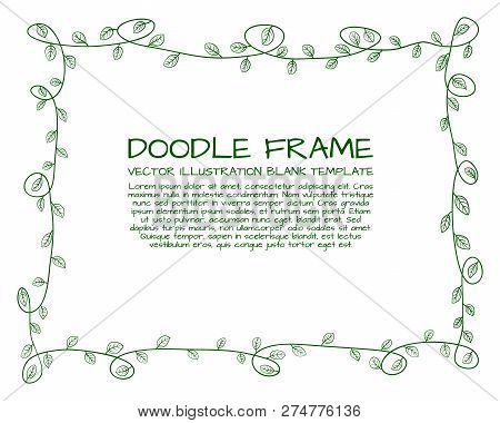 Vector Doodle Floral Frame Template, Green Linear Drawing, Hand Drawn Background.
