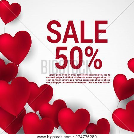 Sale With Valentine Hearts Abstract Composition With 3d Hearts And Bantings. Illustration. Love Lett
