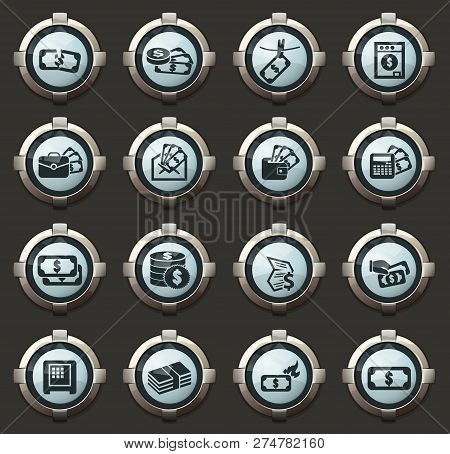 Money Vector Icons In The Stylish Round Buttons For Mobile Applications And Web