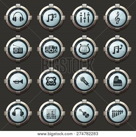 Music Vector Icons In The Stylish Round Buttons For Mobile Applications And Web