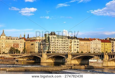Dancing House In Prague And Jirasek Bridge Bridge Over The Vltav