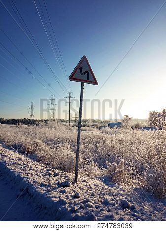 Road Sign Stay In Cold Winter Earth