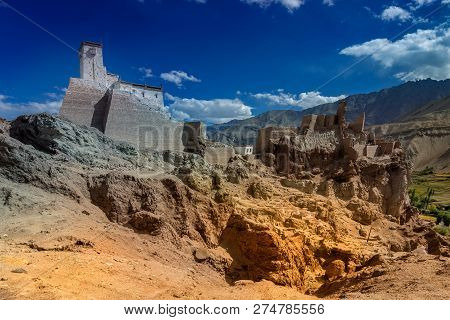 Basgo Monastery Surrounded With Stones And Rocks, Ladakh, Jammu And Kashmir, India - Blue Sky Backgr