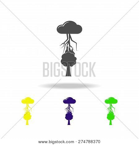 Thunderstorm Over A Tree Colored Icon. Element Of Weather Colored Icon. Can Be Used For Web, Logo, M