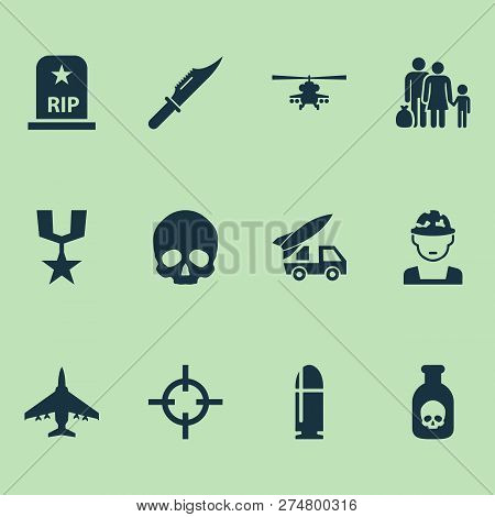 Warfare Icons Set With Helicopter, Soldier, Sniper And Other Ordnance Elements. Isolated  Illustrati