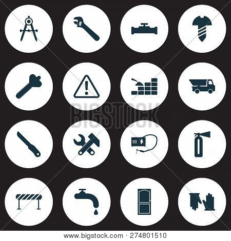 Industry Icons Set With Pipeline With Crane, Instruments, Door And Other Plumber Elements. Isolated 