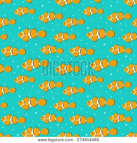 Seamless Pattern With Orange Aquarium Fish. There Are Clown Fishes In The Picture. Vector Illustrati