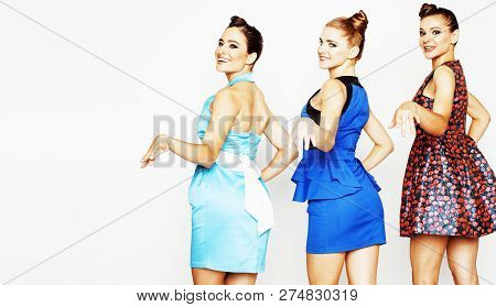 Many Girlfriends Hugging Celebration On White Background, Smilin