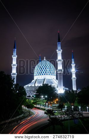 The Blue Mosque With The Light Trail View At Night. Portrait Orientation.