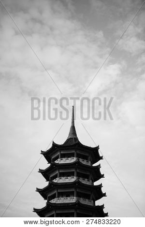 Pagoda Tower Top Section In Black And White.