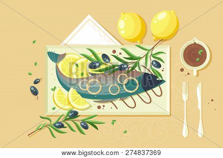 Flat Food With Souce, Lemon, Fish, Green For Seafood Dish. Concept Homemade Or Cafe, Healthy Food, M