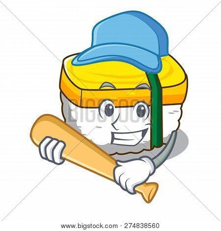 Playing Baseball Tamago Sushi Isolated On A Mascot