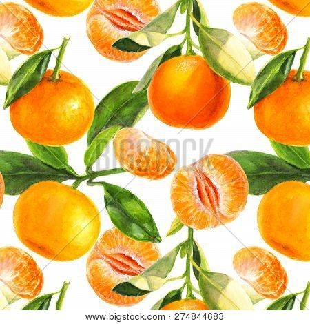 Watercolor Hand Drawn Branch Of Tangerine With Green Leaves Seamless Pattern.