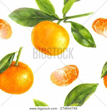 Watercolor Hand Drawn Branch Of Tangerine With Green Leaves Seamless Pattern.
