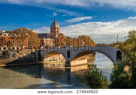 Rome / Italy - December 1 2018: View Of Ponte Principe Amedeo Savoia Aosta That Spans Riber Tiber, W