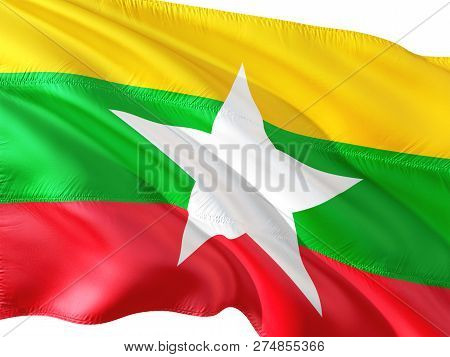 Flag Of Myanmar (burma) Waving In The Wind, Isolated White Background. 3d Rendering Fabric.