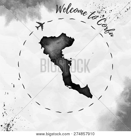 Corfu Watercolor Island Map In Black Colors. Welcome To Corfu Poster With Airplane Trace And Handpai
