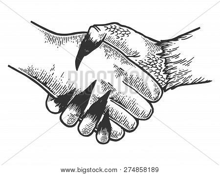 Death Davil Handshake Engraving Vector Illustration. Scratch Board Style Imitation. Black And White 