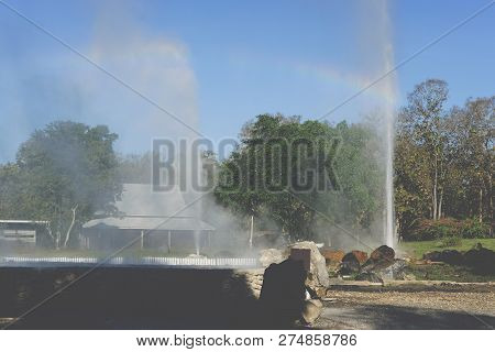 Geyser Eruption. Exploding Hot Spring Geothermal Water