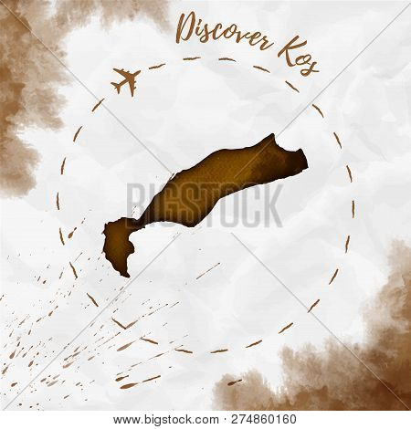 Kos Watercolor Island Map In Sepia Colors. Discover Kos Poster With Airplane Trace And Handpainted W