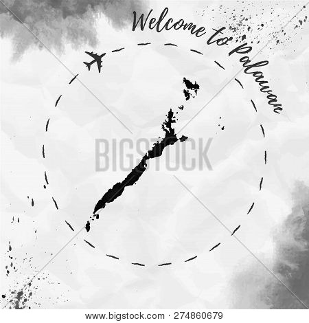 Palawan Watercolor Island Map In Black Colors. Welcome To Palawan Poster With Airplane Trace And Han