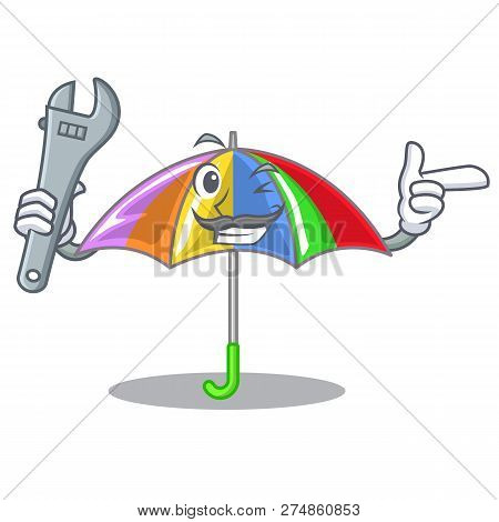 Mechanic Playing Rain With Umbrella Rainbow Cartoon
