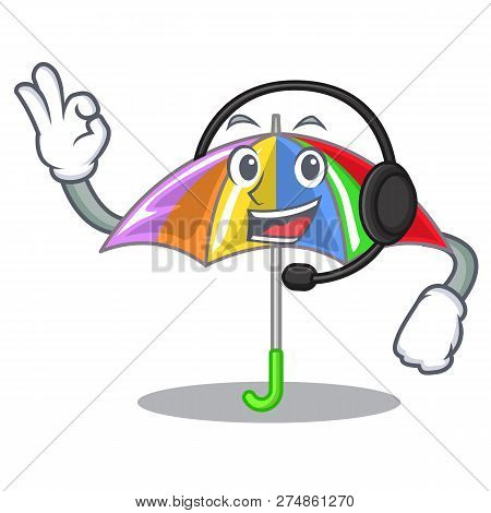 With Headphone Playing Rain With Umbrella Rainbow Cartoon
